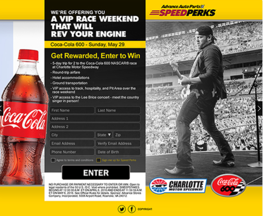  Coca-Cola sweepstakes landing page with entry form and VIP race weekend prize promotion
